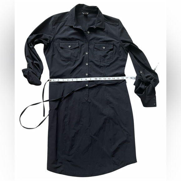 Eddie Bauer Black Belted Stretch Button Shirt Dress Size Small Roll-Tab Sleeves - Picture 9 of 12